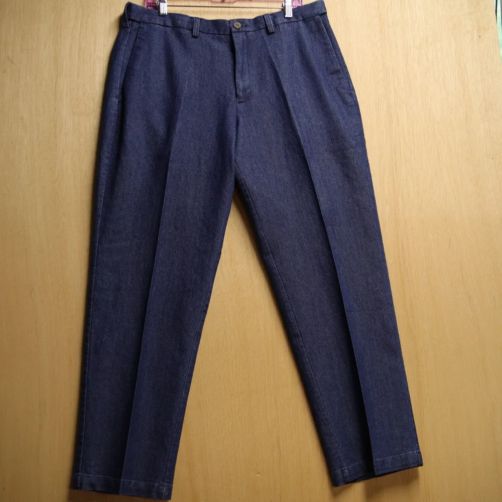 Mens Indigo Blue Denim Trousers Straight Leg Creased Casual Pants 35x29
